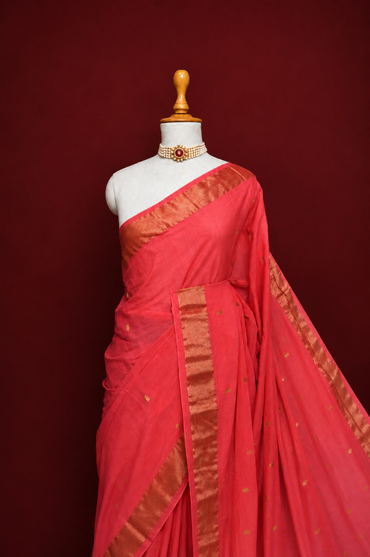 Pink Handwoven Monotone Cotton Paithani