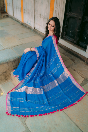 Pure Linen Handwoven Saree - Blue