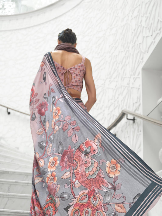 Authentic Pure Silk Crepe Kalamkari Saree - Peach Grey