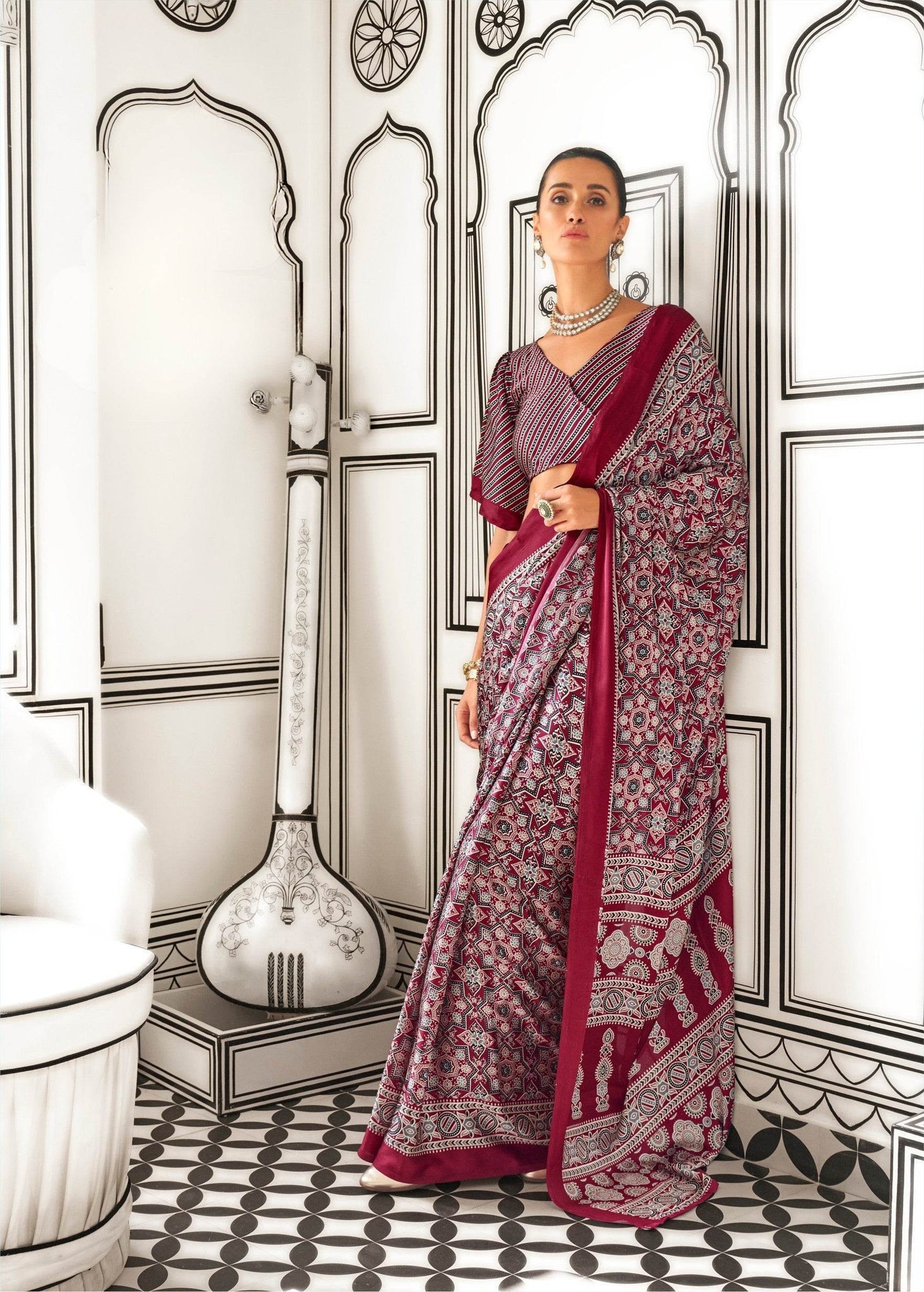 Ajrakh Printed Satin Saree - Red - - Laxha Clothing - www.laxhaclothing.com