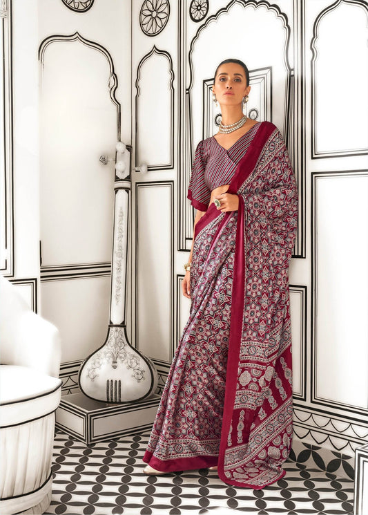Ajrakh Printed Satin Saree - Red - - Laxha Clothing - www.laxhaclothing.com