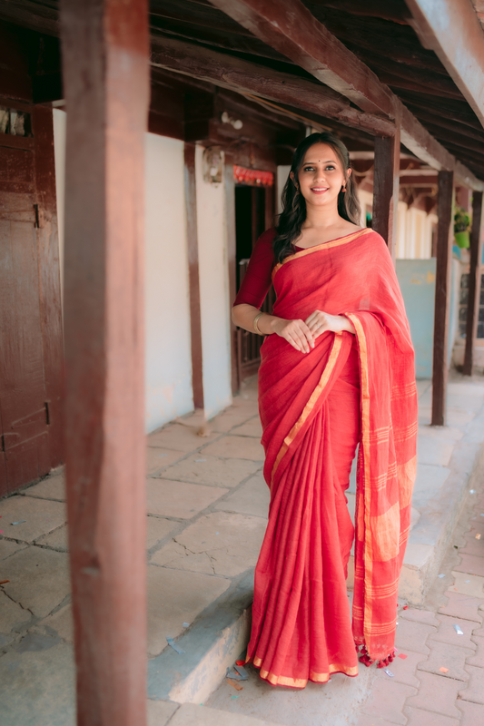 Pure Linen Handwoven Saree - Red