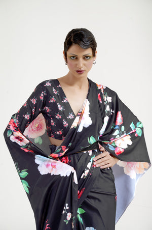 Luxe Satin Printed Saree - Black