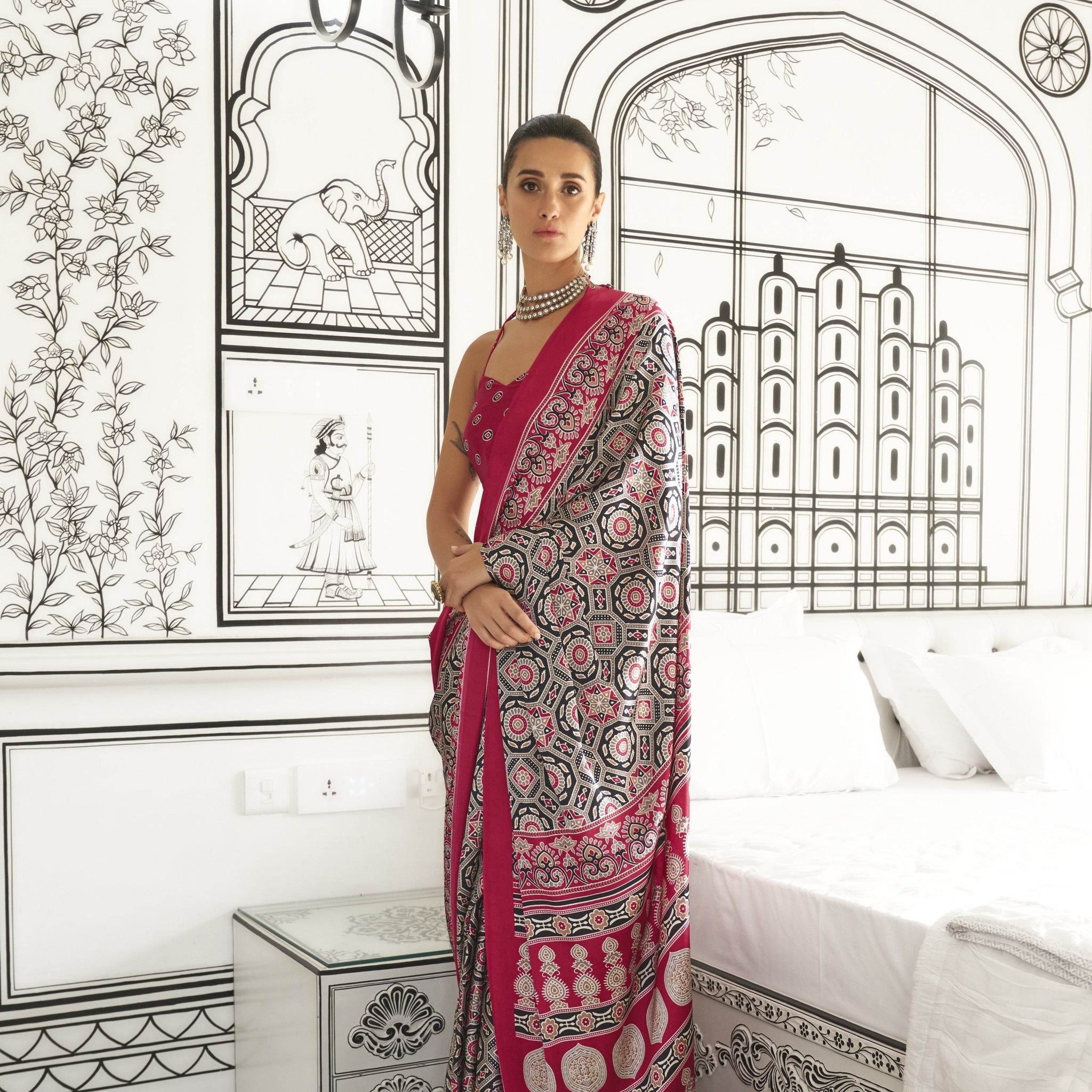 Ajrakh Printed Satin Saree - Multicolor - - Laxha Clothing - www.laxhaclothing.com