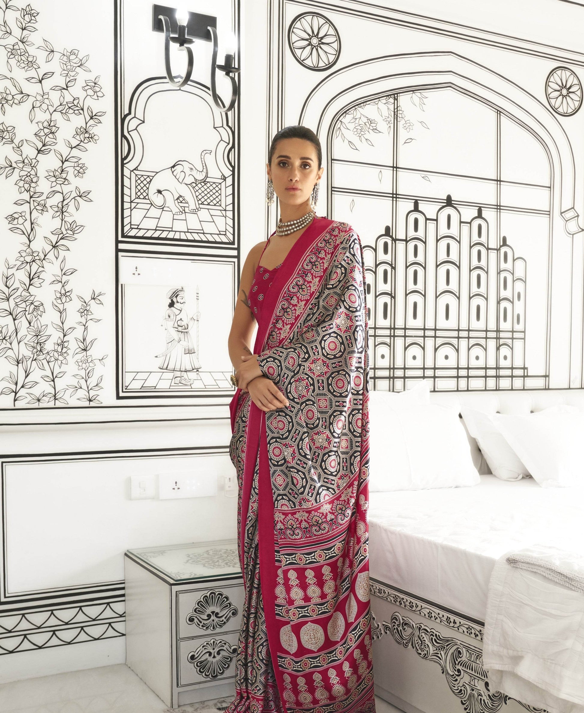 Ajrakh Printed Satin Saree - Multicolor - - Laxha Clothing - www.laxhaclothing.com