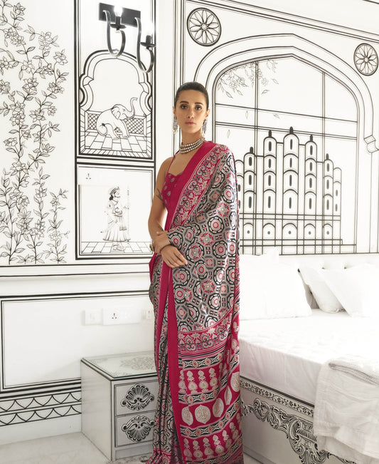 Ajrakh Printed Satin Saree - Multicolor - - Laxha Clothing - www.laxhaclothing.com