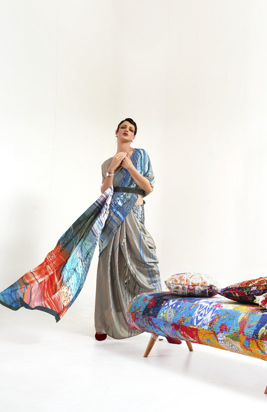 Luxe Satin Printed Saree - Beige and Blue