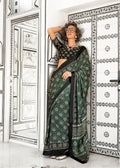 Ajrakh Printed Satin Saree - Green - - Laxha Clothing - www.laxhaclothing.com