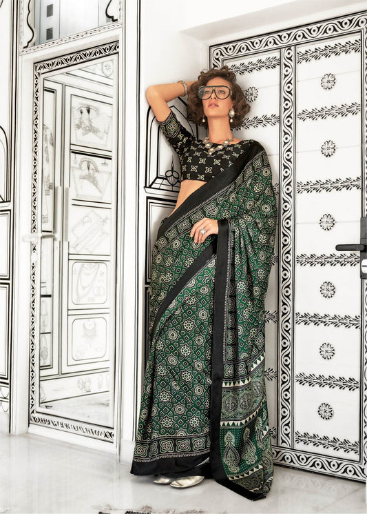 Ajrakh Printed Satin Saree - Green - - Laxha Clothing - www.laxhaclothing.com