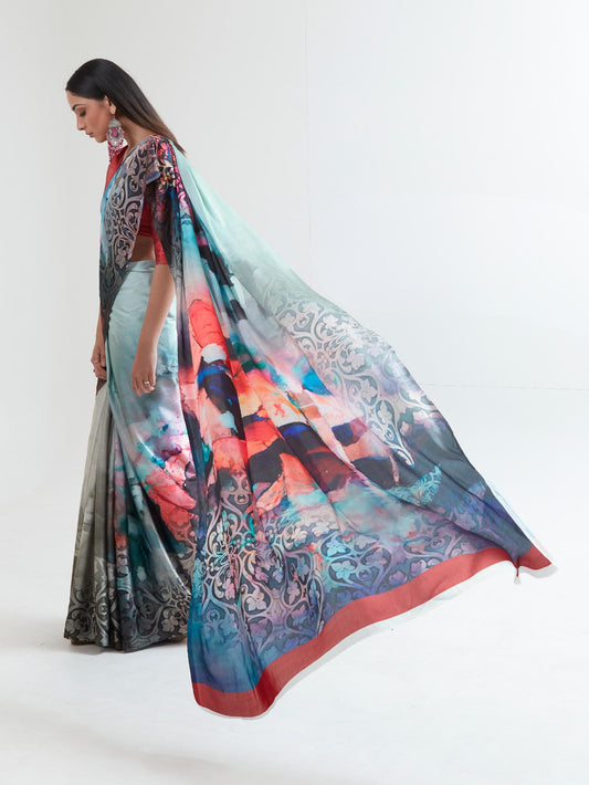 Printed Satin Saree - Greenish Grey