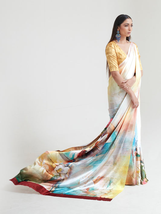 Printed Satin Saree - Yellow