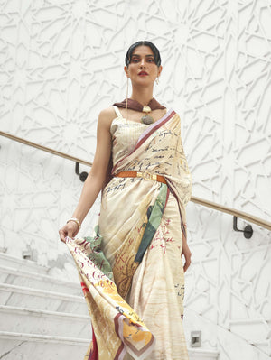 Authentic Pure Silk Crepe Kalamkari Saree - Beige Wine
