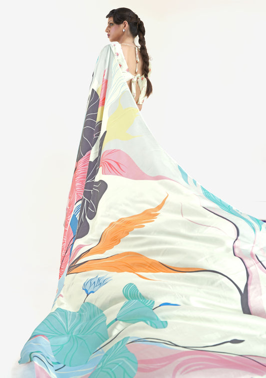 Luxe Satin Printed Saree - Cream and Peach