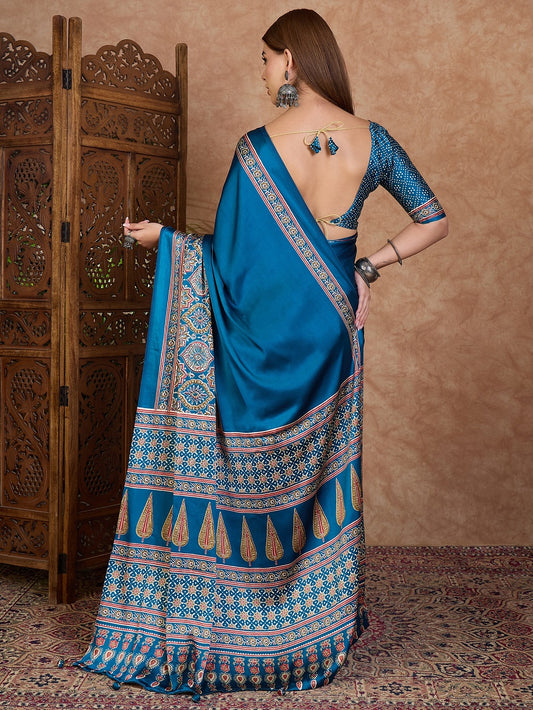 Ajrakh Printed Silk Saree - Blue