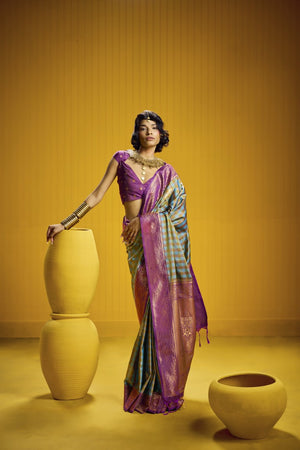Madras Check Inspired Silk Saree with Aqua blue & lavender pink with a Zari Border