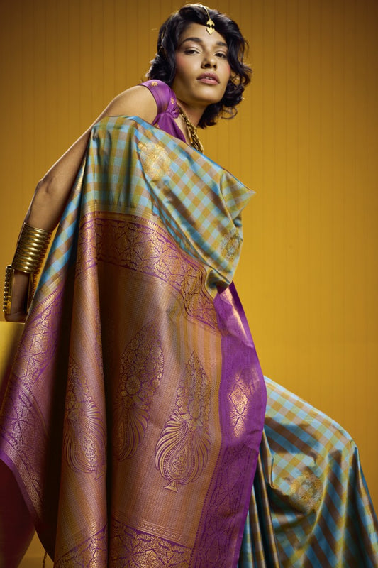 Madras Check Inspired Silk Saree with Aqua blue & lavender pink with a Zari Border