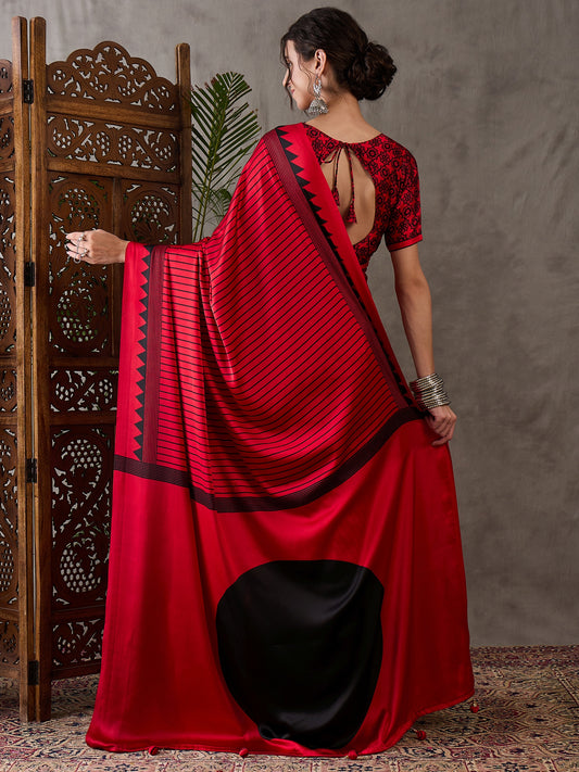 Ajrakh Printed Silk Saree - Red