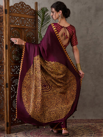 Ajrakh Printed Silk Saree - Maroon