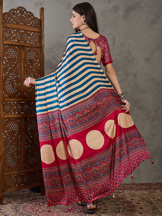 Ajrakh Printed Silk Saree - Blue