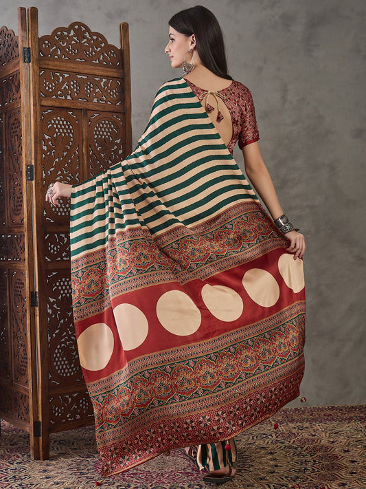 Ajrakh Printed Silk Saree - Forest Green