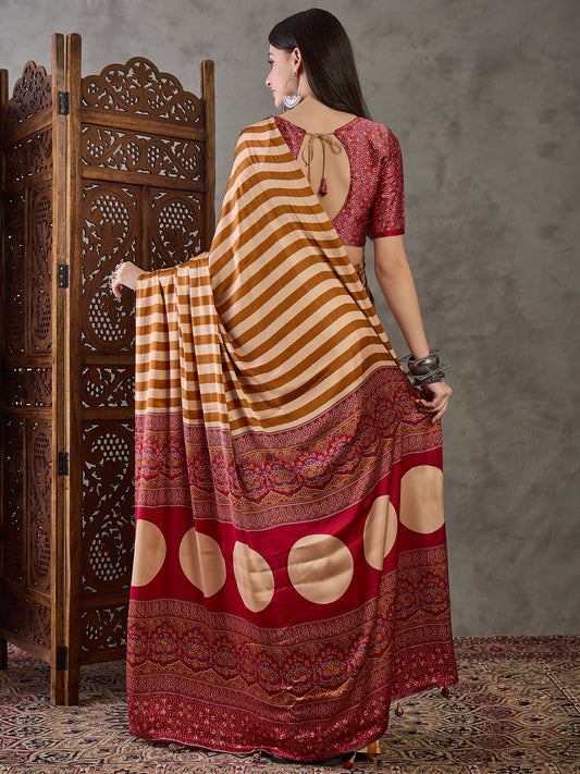 Ajrakh Printed Silk Saree - Mustard