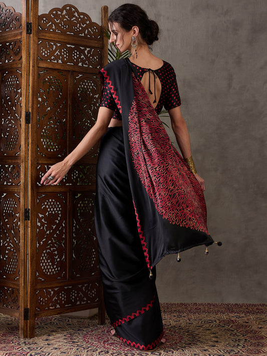 Ajrakh Printed Silk Saree - Black