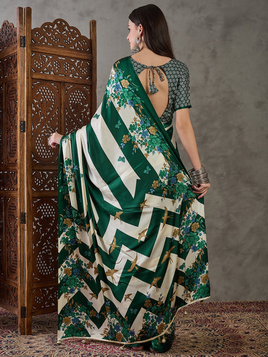 Ajrakh Printed Silk Saree - Forest Green and Cream