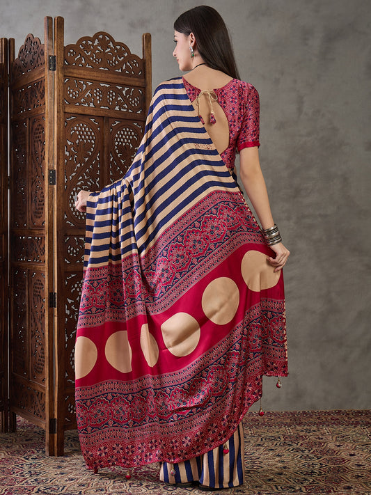 Ajrakh Printed Silk Saree - Dark Blue