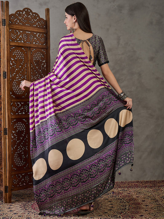 Ajrakh Printed Silk Saree - Purple