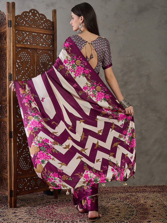 Ajrakh Printed Silk Saree - Maroon and Cream