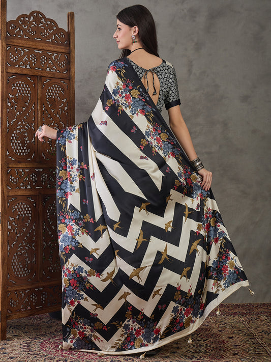 Ajrakh Printed Silk Saree - Black and Cream