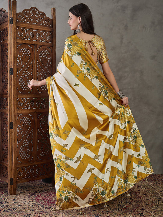 Ajrakh Printed Silk Saree - Mustard and Cream