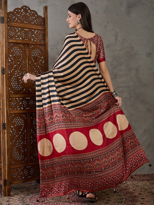 Ajrakh Printed Silk Saree - Black