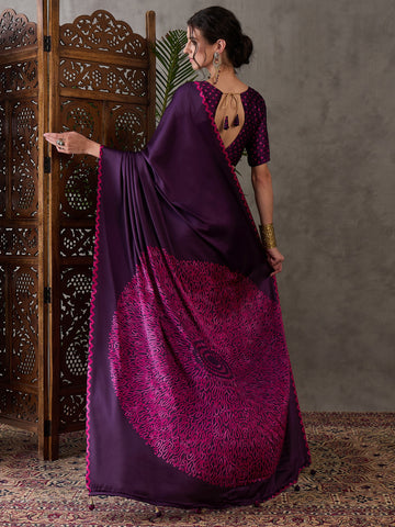 Ajrakh Printed Silk Saree - Purple