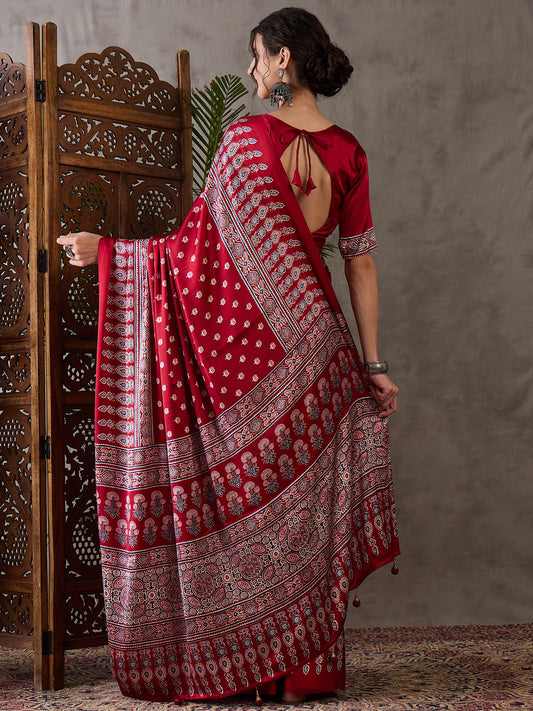 Ajrakh Printed Silk Saree - Red