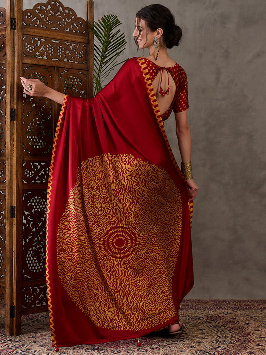 Ajrakh Printed Silk Saree - Red