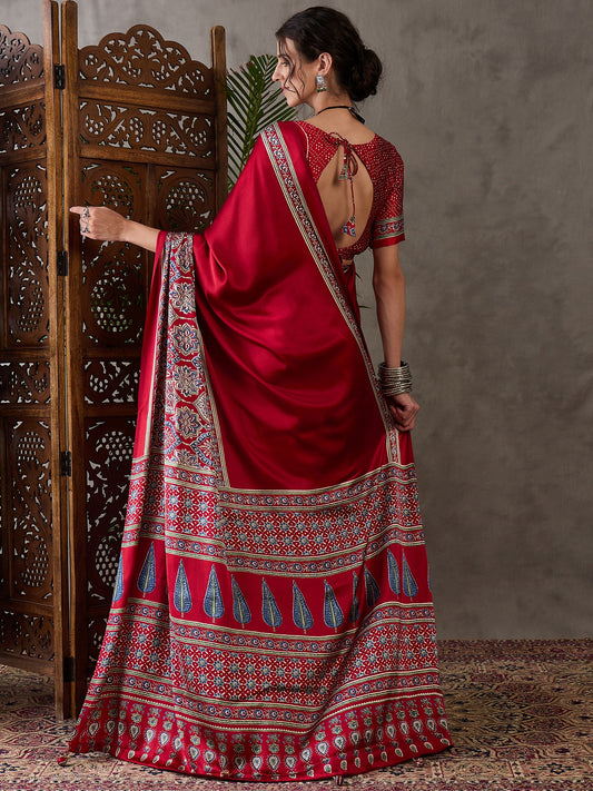 Ajrakh Printed Silk Saree - Red