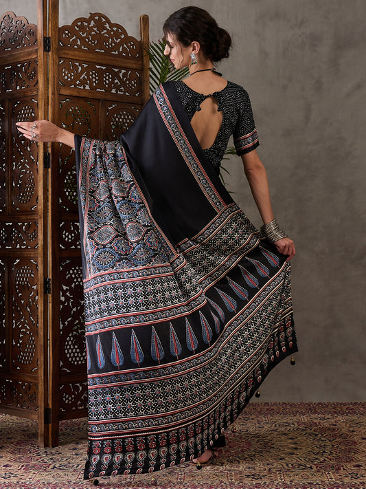 Ajrakh Printed Silk Saree - Black