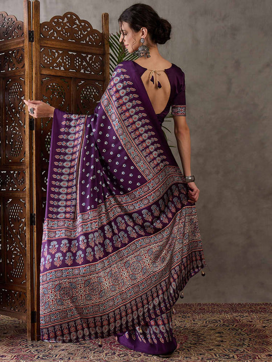 Ajrakh Printed Silk Saree - Purple