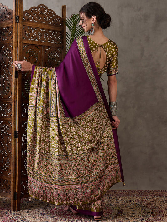 Ajrakh Printed Silk Saree - Olive Green and Purple