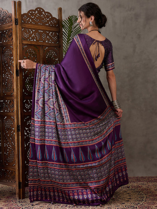 Ajrakh Printed Silk Saree - Purple