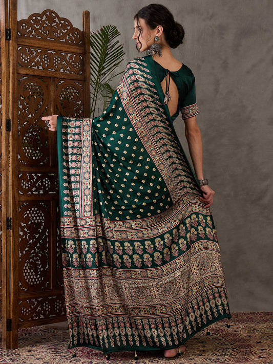 Ajrakh Printed Silk Saree - Green