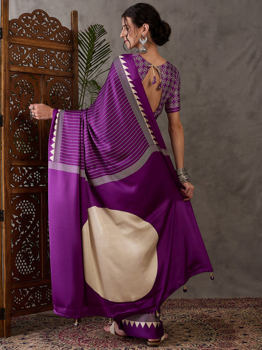 Ajrakh Printed Silk Saree - Purple