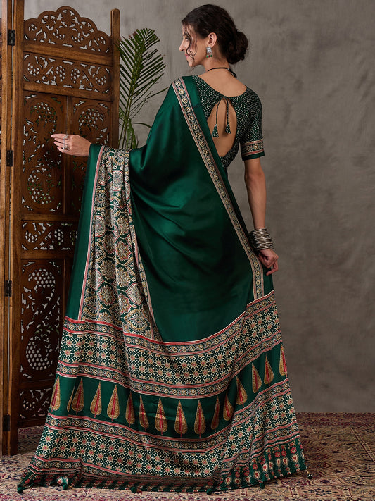 Ajrakh Printed Silk Saree - Green