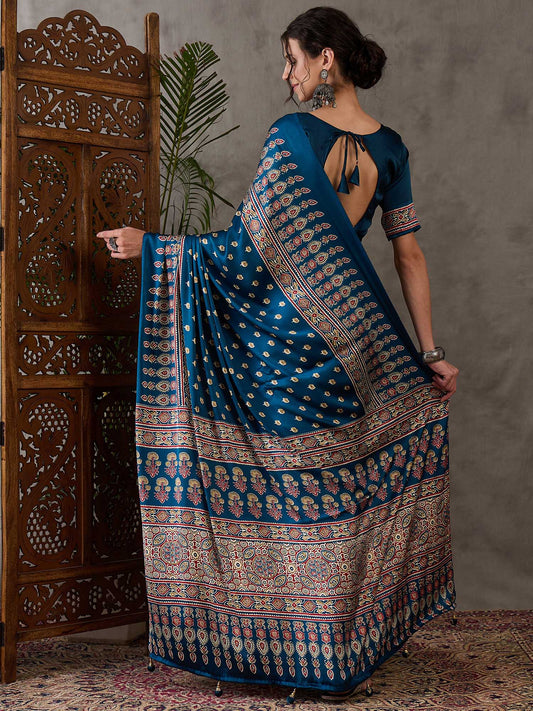 Ajrakh Printed Silk Saree - Blue