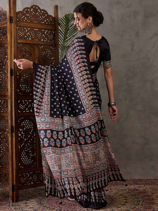 Ajrakh Printed Silk Saree - Black