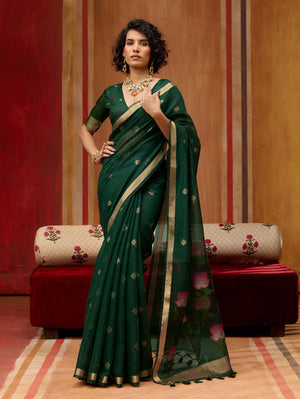 Bottle Green Munga Silk Handloom Saree with Gold Zari Floral Pallu