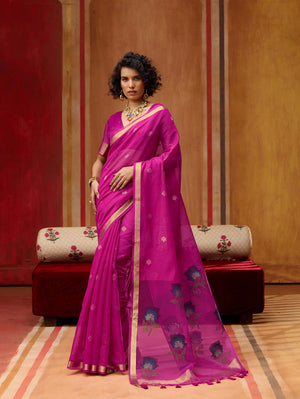Pink Munga Silk Handloom Saree with Gold Zari Floral Pallu
