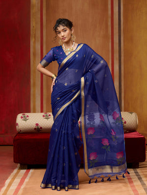 Deep Royal Blue Munga Silk Handloom Saree with Gold Zari Floral Pallu