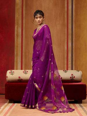 Royal Purple Munga Silk Handloom Saree with Gold Zari Floral Pallu